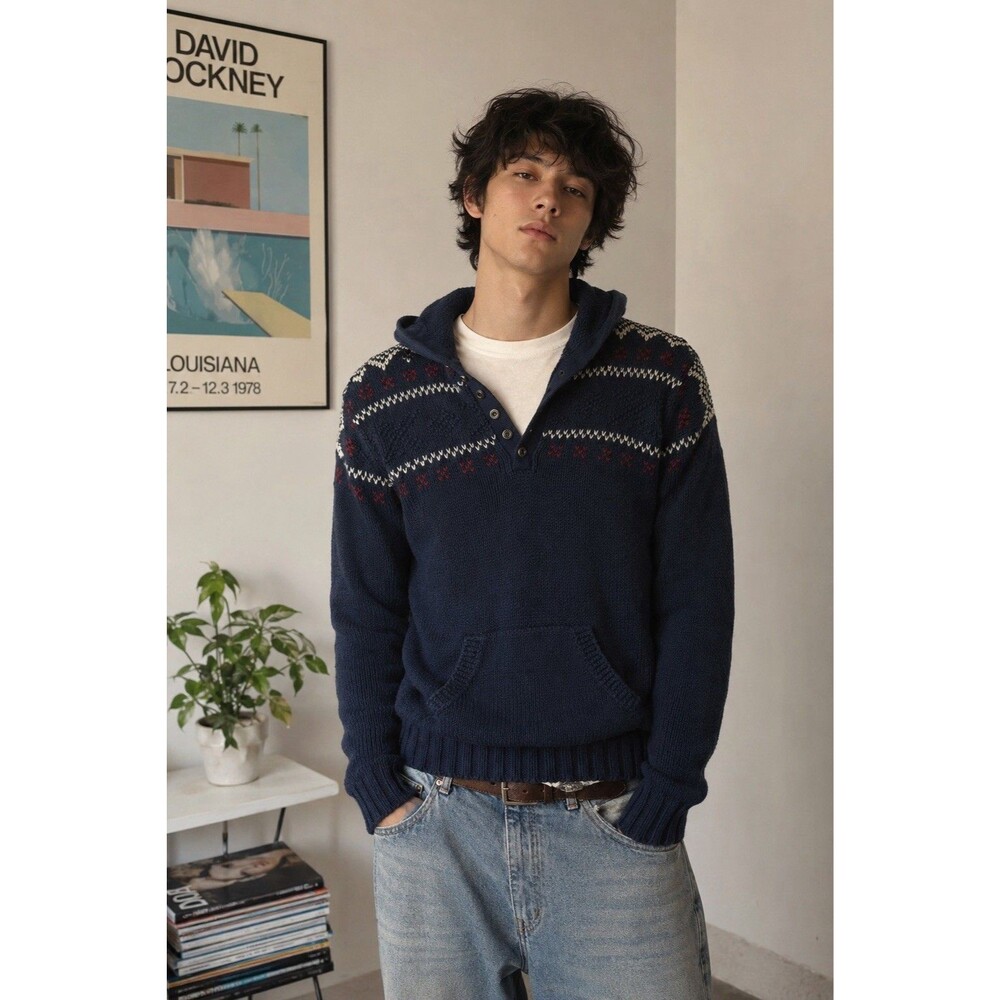 Polo Jeans Co Ralph Lauren Hooded Sweater Mens L 100% Cotton Nordic Knit Henley